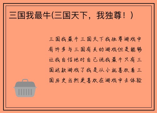 三国我最牛(三国天下，我独尊！)